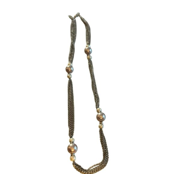 Signed Talbots Multi-Strand Silver-Tone Chain Necklace With Faux Pearl Accents - Picture 1 of 5